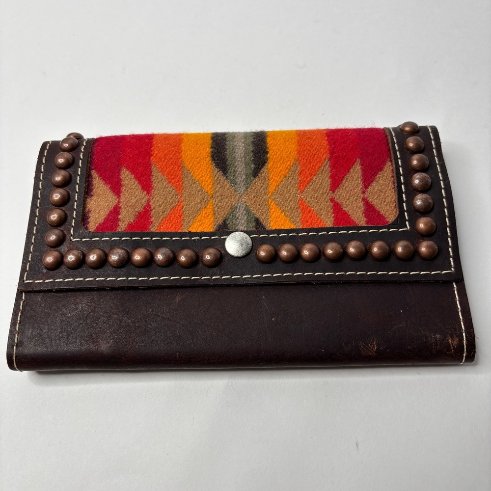 Leather Trifold Brown Leather Wallet Studded Southwestern Wool Inlay $175 Boho